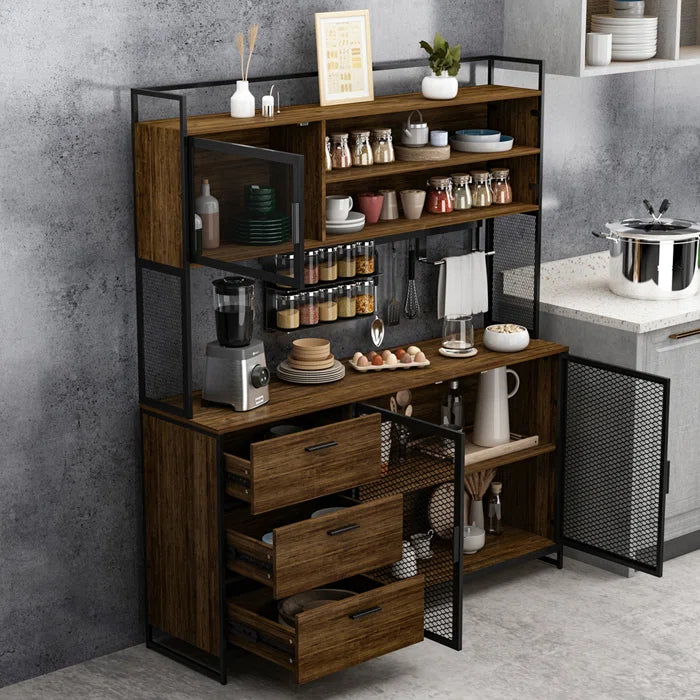 Kitchen Rack: 59'' Wide Steel Wood Kitchen Pantry Cabinet with 3 Drawers