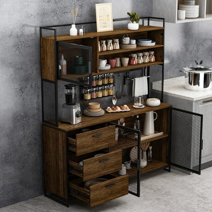Kitchen Rack: 59'' Wide Steel Wood Kitchen Pantry Cabinet with 3 Drawers