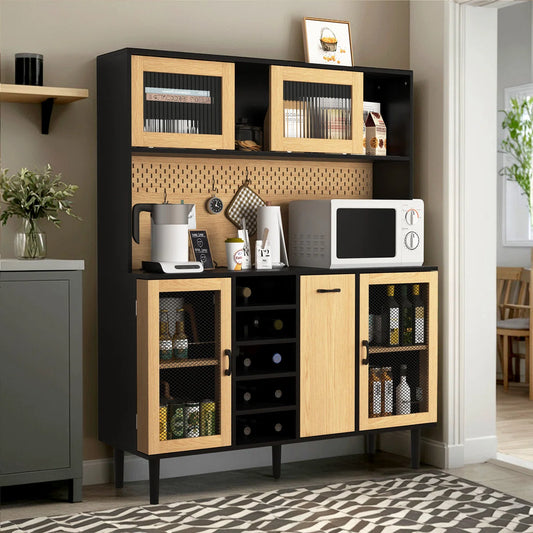 Microwave Stands: 59" Black & Natural Kitchen Pantry Sideboard – Coffee Bar Cabinet with Power Outlet & Storage