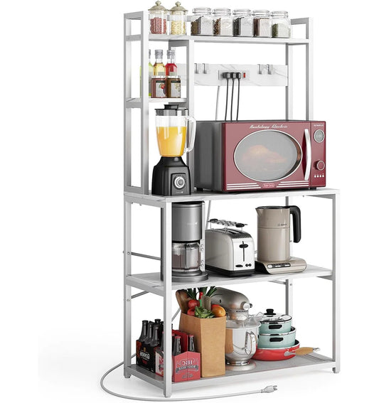 Kitchen Rack: 5 Tiers Microwave Stand with Storage, Heavy Duty Kitchen Shelves with Plugs, and 31.5 Inch Bakers Rack with 3 Power Outlets