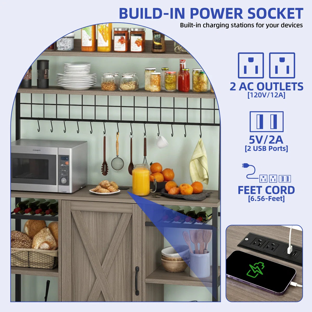 Kitchen Rack: 6-Tier Kitchen Baker's Rack with Hutch and Built-In Power Outlets