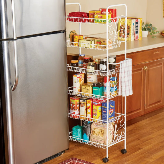 Kitchen Rack: 6-Tier Scrolling Metal Shelf on Wheels