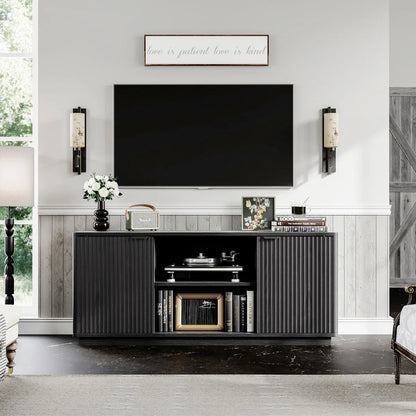 tv panel: 60'' Modern Fluted tv panel with Curved Water Wave Doors, Black Oak Finish