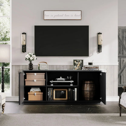 tv panel: 60'' Modern Fluted tv panel with Curved Water Wave Doors, Black Oak Finish