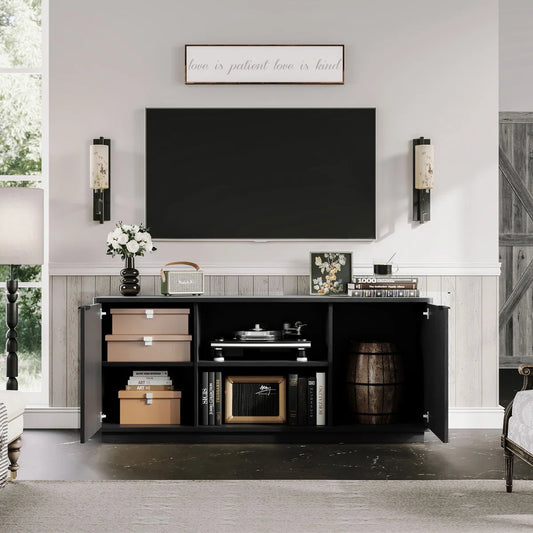 tv panel: 60'' Modern Fluted tv panel with Curved Water Wave Doors, Black Oak Finish
