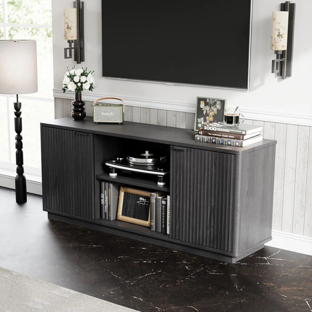 tv panel: 60'' Modern Fluted tv panel with Curved Water Wave Doors, Black Oak Finish