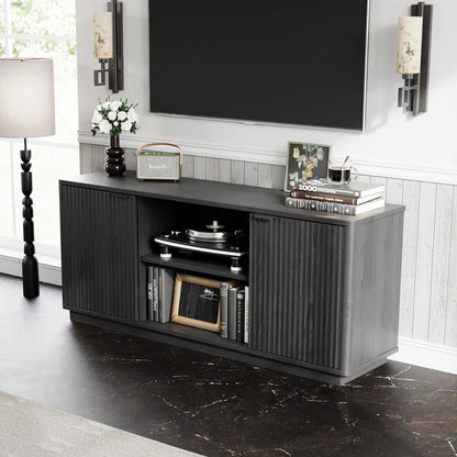 tv panel: 60'' Modern Fluted tv panel with Curved Water Wave Doors, Black Oak Finish