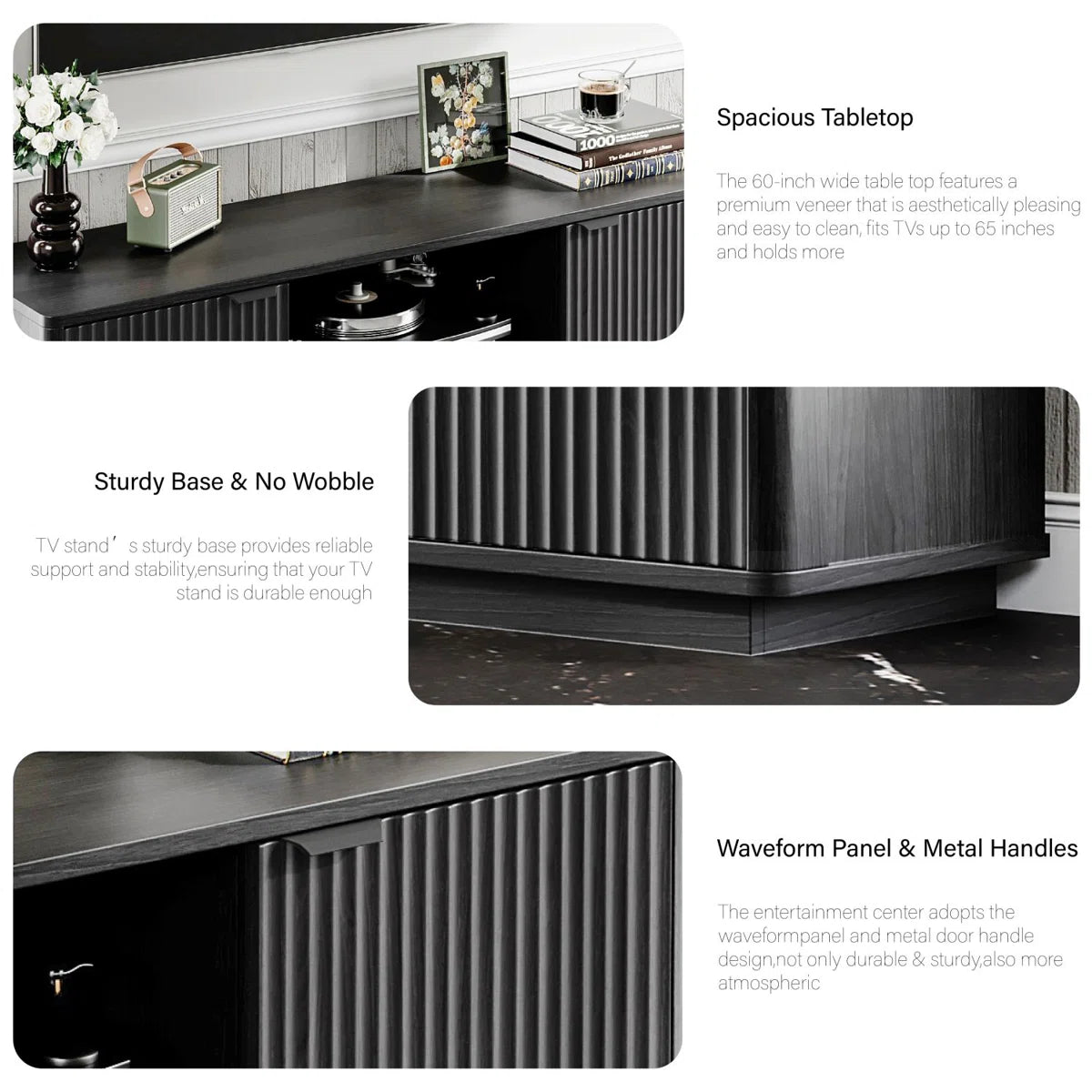 tv panel: 60'' Modern Fluted tv panel with Curved Water Wave Doors, Black Oak Finish
