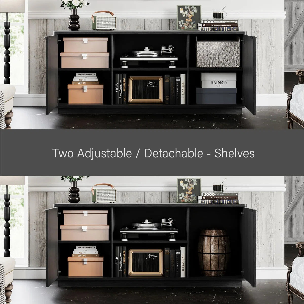 tv panel: 60'' Modern Fluted tv panel with Curved Water Wave Doors, Black Oak Finish