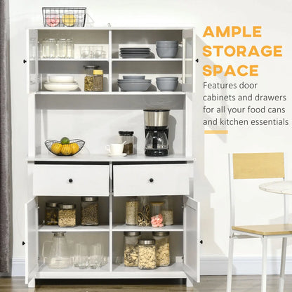 Microwave Stands :  63.5" Kitchen Buffet with Hutch, Glass Doors, Drawers & Microwave Cabinets