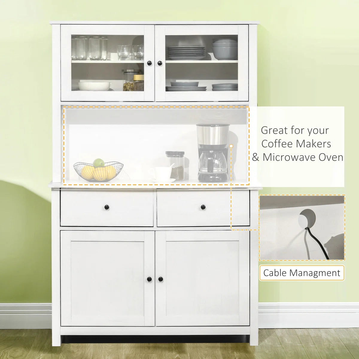 Microwave Stands :  63.5" Kitchen Buffet with Hutch, Glass Doors, Drawers & Microwave Cabinets