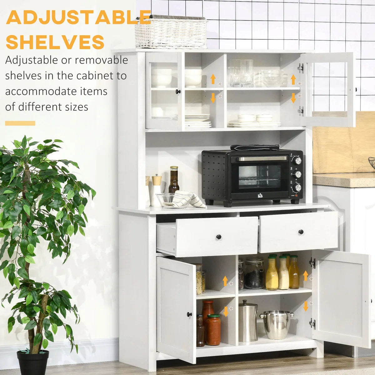 Microwave Stands :  63.5" Kitchen Buffet with Hutch, Glass Doors, Drawers & Microwave Cabinets