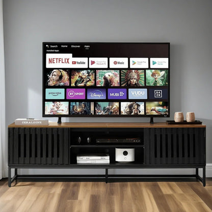 tv panel: 63 Inch Mid Century Modern tv panel with Slatted Grille Striped Doors, tv panel with Storage, Entertainment Center for Living Room, Bedroom, TV Media Console