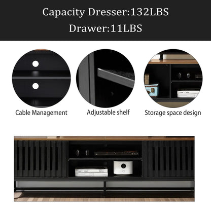 tv panel: 63 Inch Mid Century Modern tv panel with Slatted Grille Striped Doors, tv panel with Storage, Entertainment Center for Living Room, Bedroom, TV Media Console