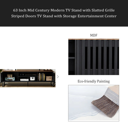 tv panel: 63 Inch Mid Century Modern tv panel with Slatted Grille Striped Doors, tv panel with Storage, Entertainment Center for Living Room, Bedroom, TV Media Console