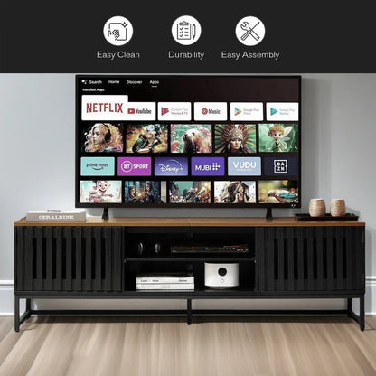 tv panel: 63 Inch Mid Century Modern tv panel with Slatted Grille Striped Doors, tv panel with Storage, Entertainment Center for Living Room, Bedroom, TV Media Console