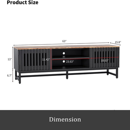 tv panel: 63 Inch Mid Century Modern tv panel with Slatted Grille Striped Doors, tv panel with Storage, Entertainment Center for Living Room, Bedroom, TV Media Console