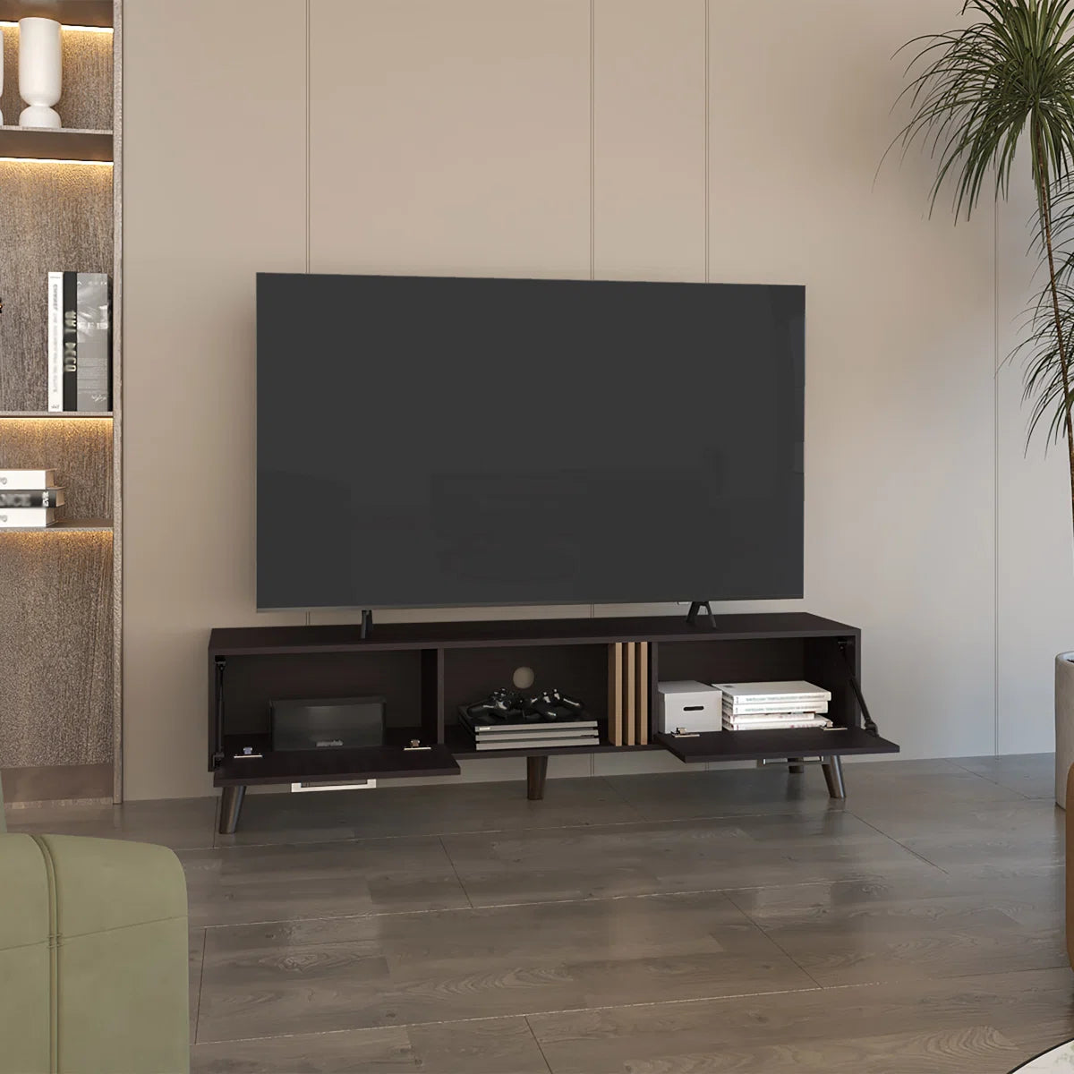 tv panel: 63" wide tv panel with Two Drop-Down Cabinets, Shelves, and Cable Management