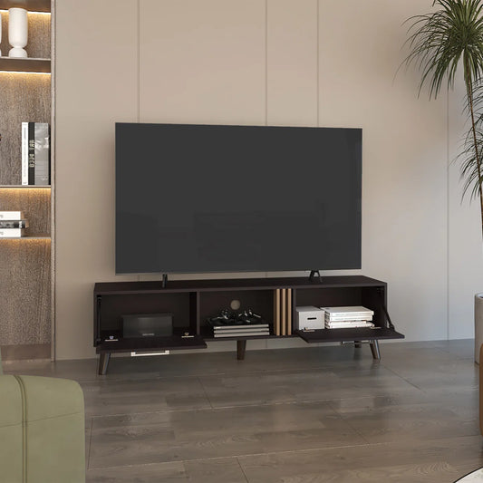 tv panel: 63" wide tv panel with Two Drop-Down Cabinets, Shelves, and Cable Management