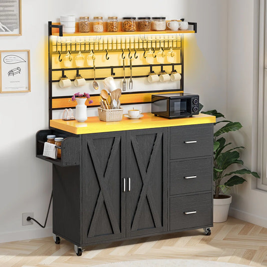 Kitchen Rack: 64.50'' Portable Kitchen Pantry Cabinet with Goblet Holders and Power Outlet