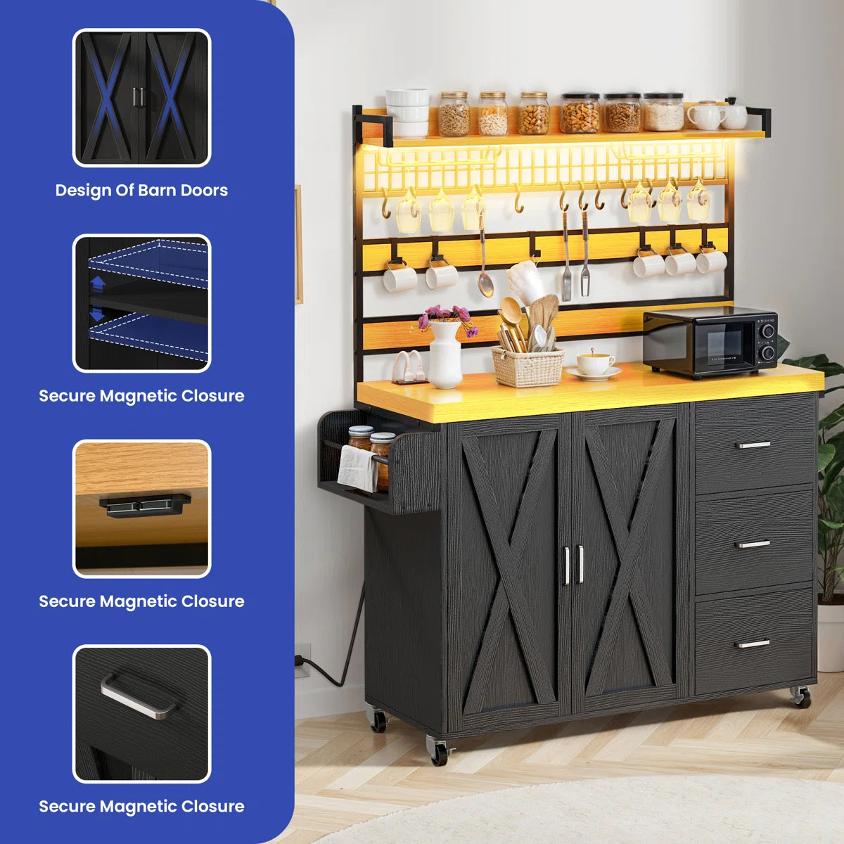 Kitchen Rack: 64.50'' Portable Kitchen Pantry Cabinet with Goblet Holders and Power Outlet