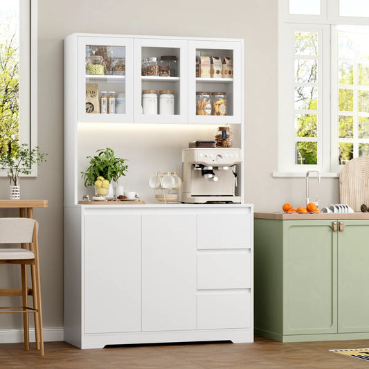 Kitchen Rack: 70.9'' Kitchen Pantry with Microwave Shelf, Charging Station, and LED Lights