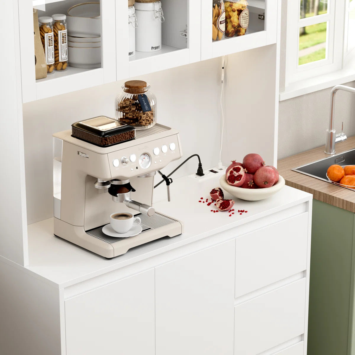 Kitchen Rack: 70.9'' Kitchen Pantry with Microwave Shelf, Charging Station, and LED Lights