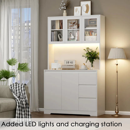 Kitchen Rack: 70.9'' Kitchen Pantry with Microwave Shelf, Charging Station, and LED Lights