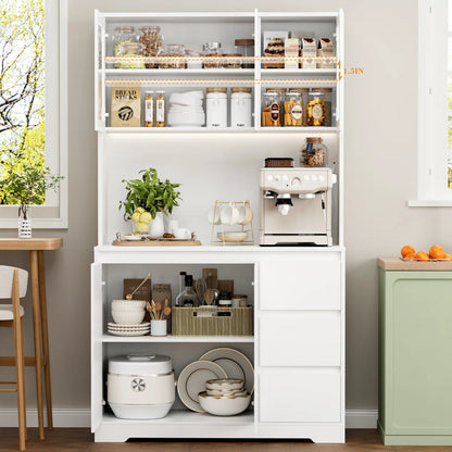 Kitchen Rack: 70.9'' Kitchen Pantry with Microwave Shelf, Charging Station, and LED Lights