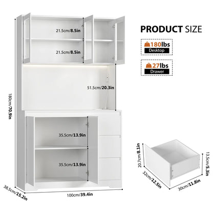 Kitchen Rack: 70.9'' Kitchen Pantry with Microwave Shelf, Charging Station, and LED Lights