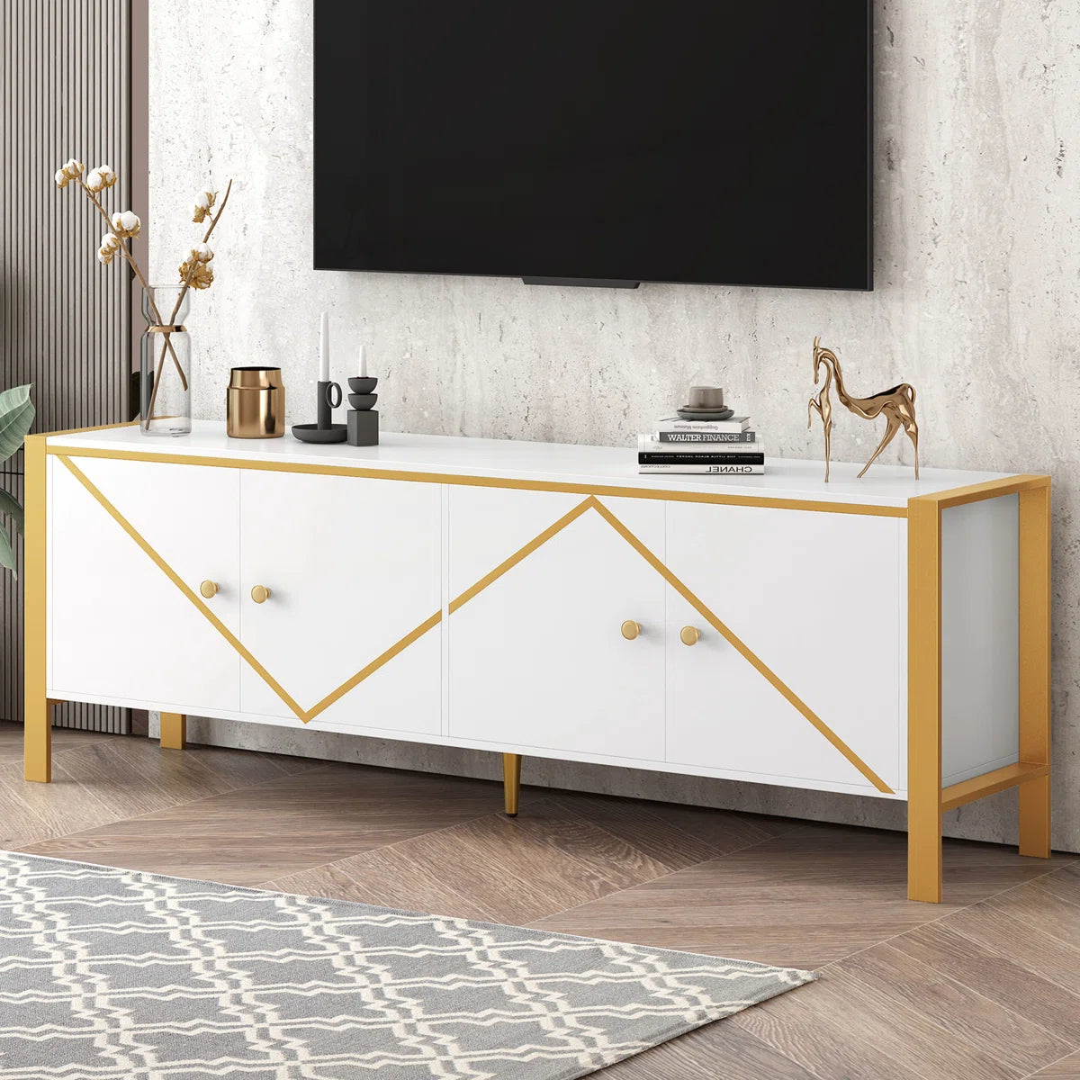 tv panel: 70.9'' Wide Modern tv panel with Open Shelves and Cable Management System
