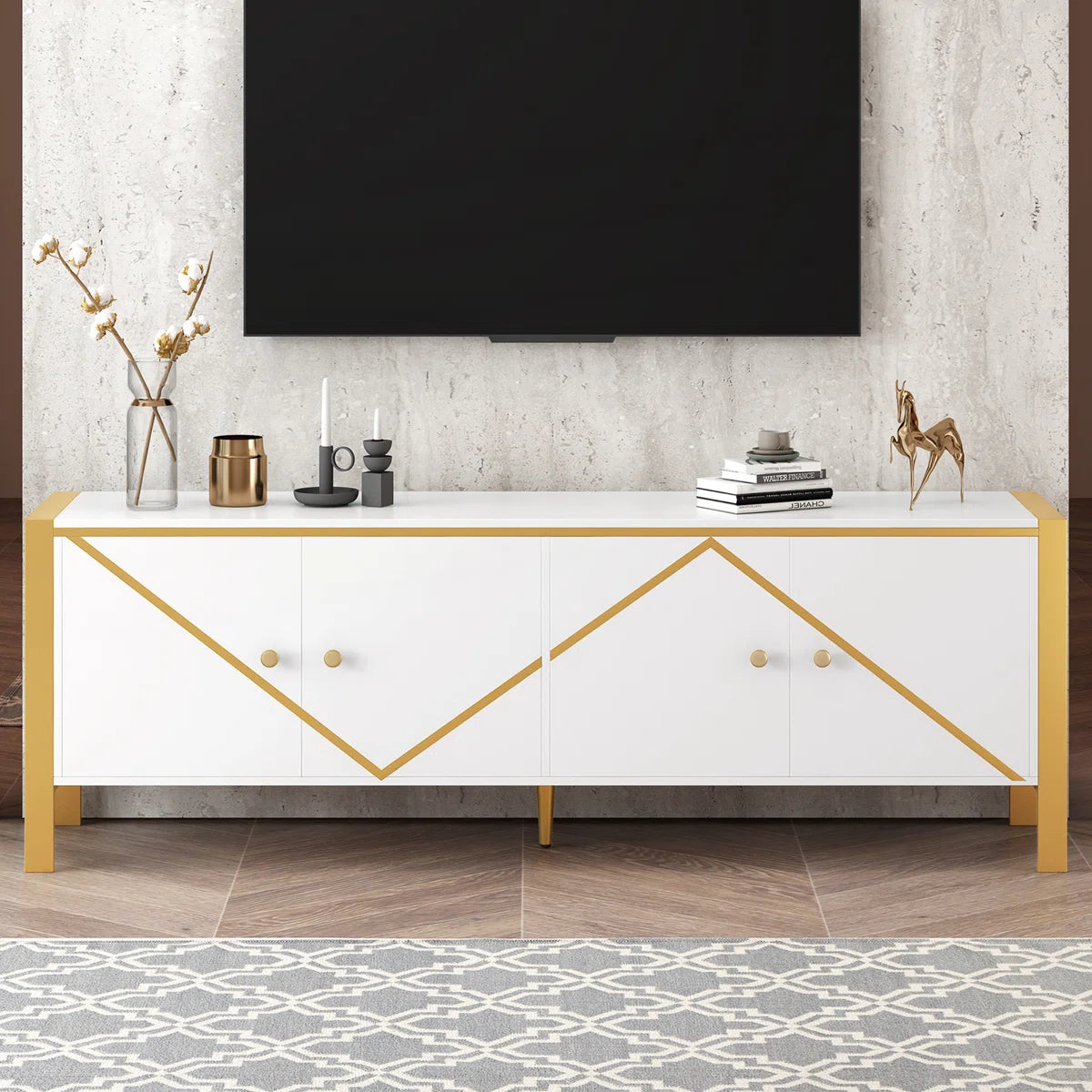 tv panel: 70.9'' Wide Modern tv panel with Open Shelves and Cable Management System
