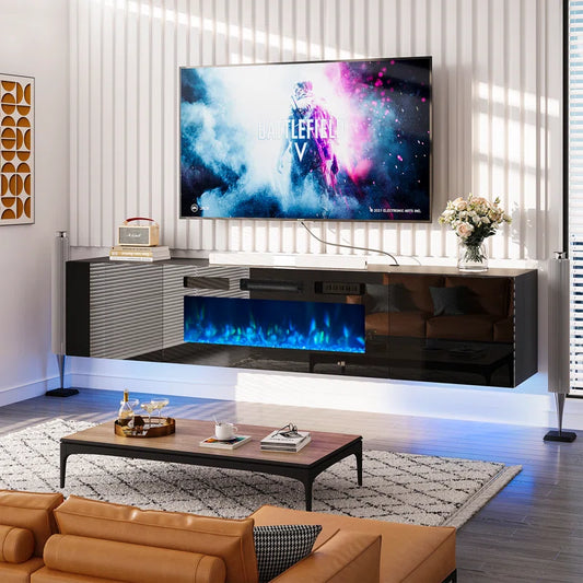 tv panel: 70" Wall Mounted TV Console with Fireplace, LED Lights, and Storage