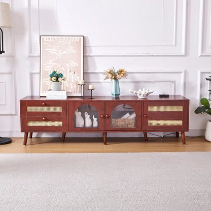 tv panel: 70" Rattan tv panels With 3 Cabinets & 2 Drawers,LED Light Entertainment Center For Tv Up To 80"