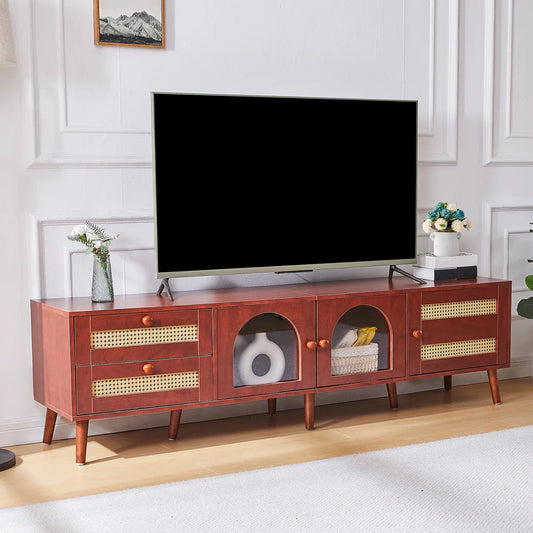 tv panel: 70" Rattan tv panels With 3 Cabinets & 2 Drawers,LED Light Entertainment Center For Tv Up To 80"