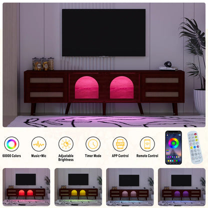 tv panel: 70" Rattan tv panels With 3 Cabinets & 2 Drawers,LED Light Entertainment Center For Tv Up To 80"
