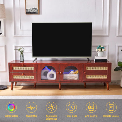 tv panel: 70" Rattan tv panels With 3 Cabinets & 2 Drawers,LED Light Entertainment Center For Tv Up To 80"