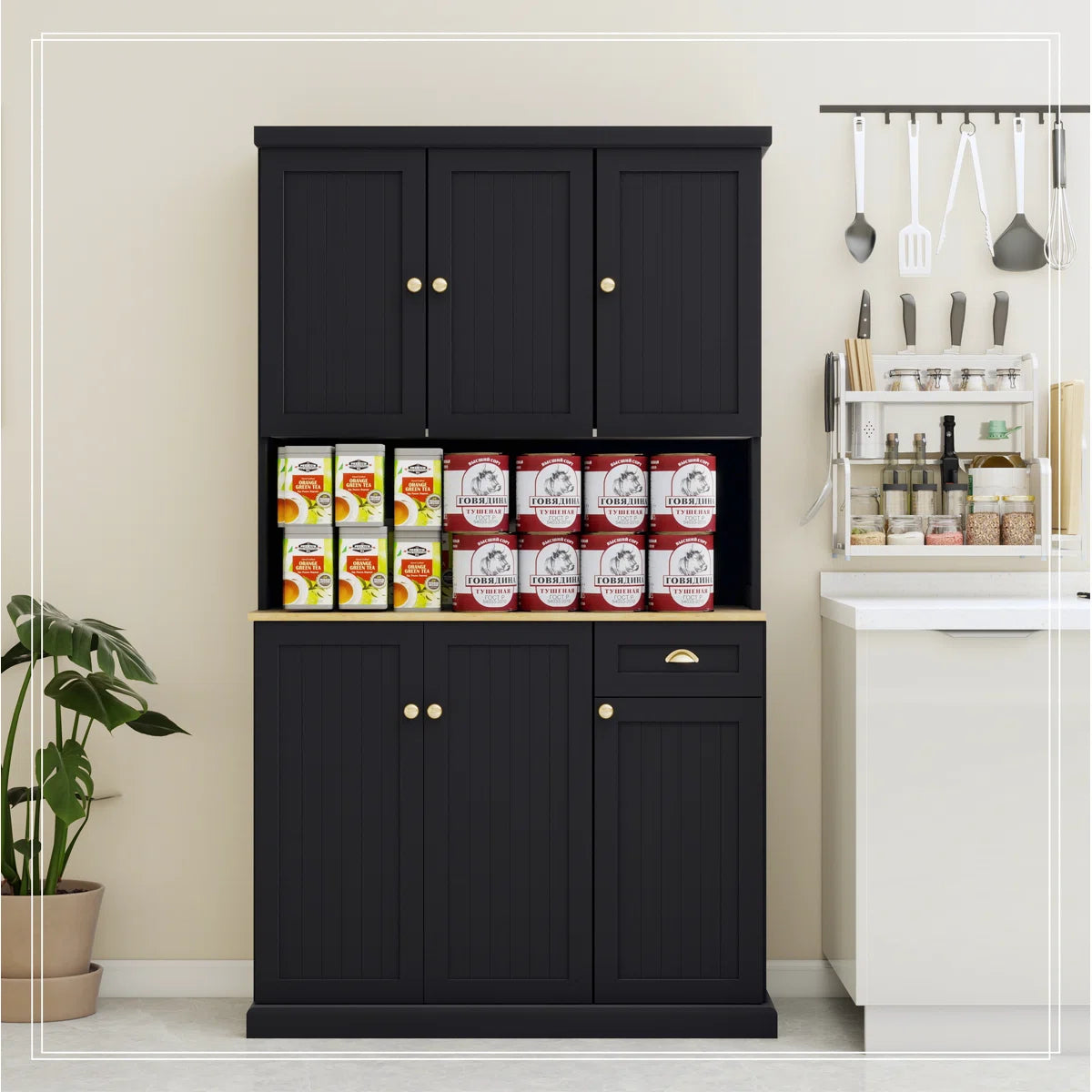 Microwave Stands: Black Microwave Stands – 71" Pantry Hutch Cabinet with Adjustable Shelves