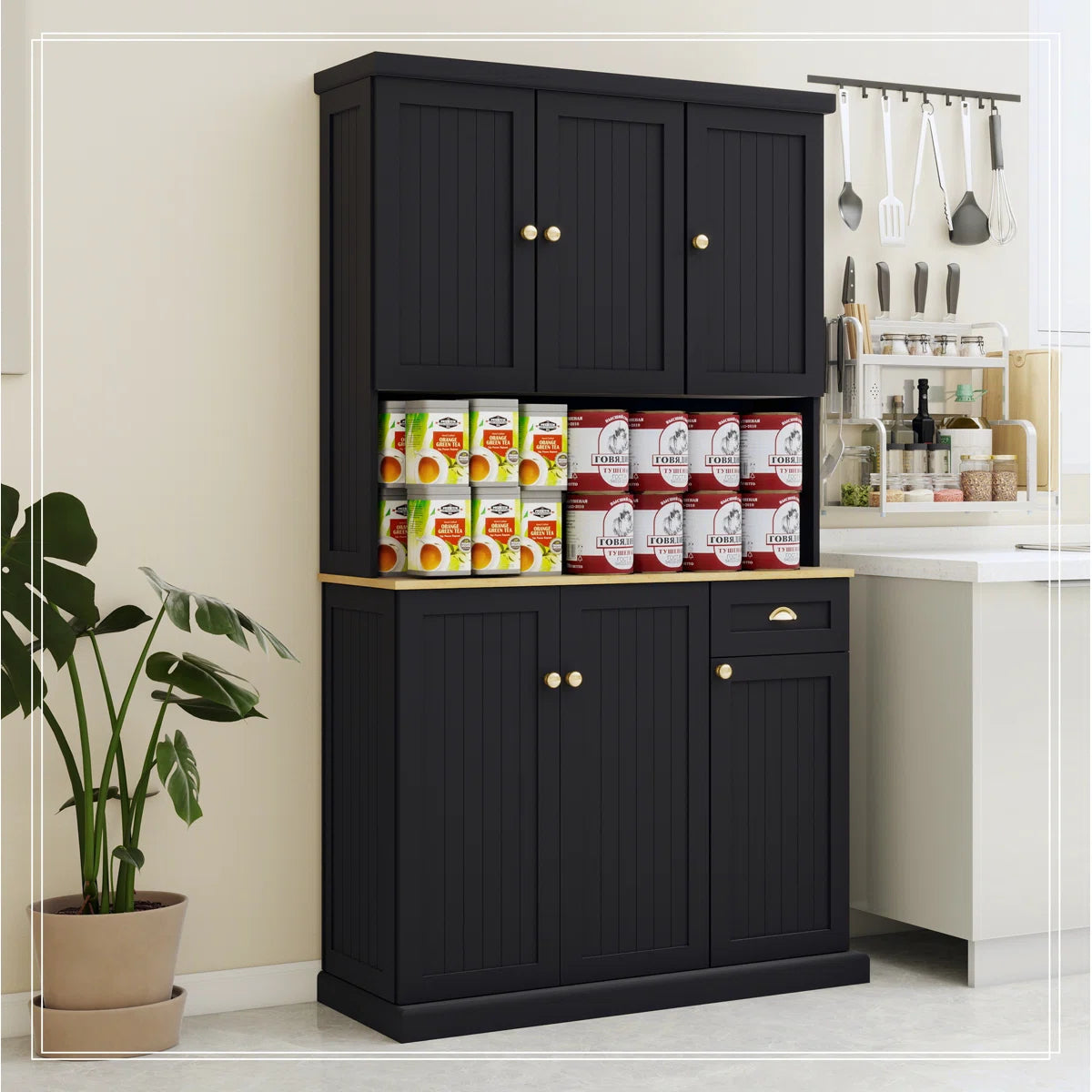 Microwave Stands: Black Microwave Stands – 71" Pantry Hutch Cabinet with Adjustable Shelves