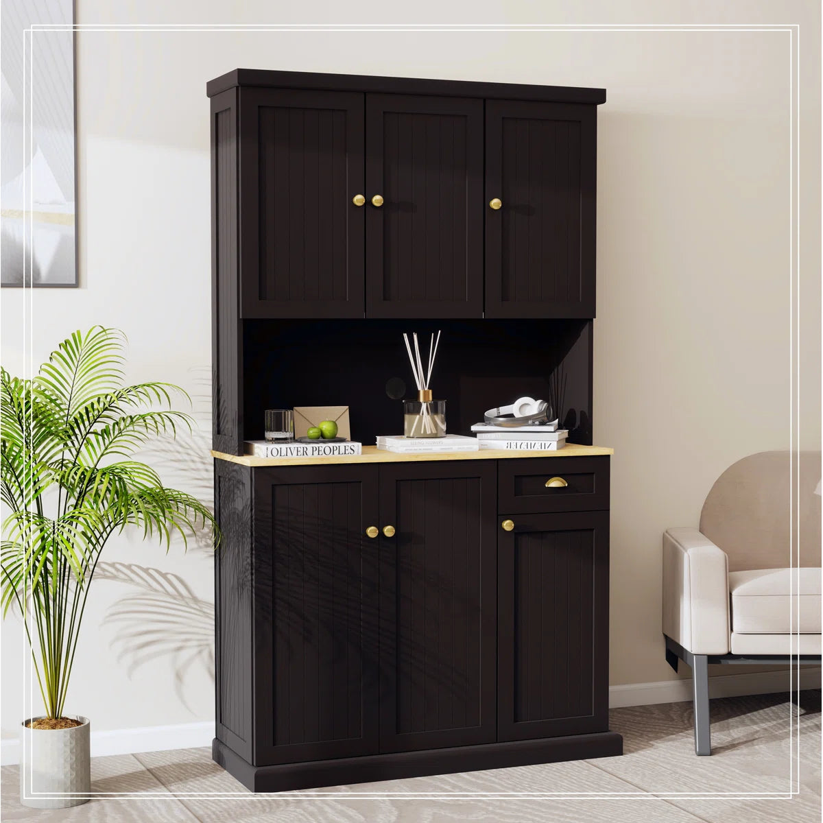 Microwave Stands: Black Microwave Stands – 71" Pantry Hutch Cabinet with Adjustable Shelves