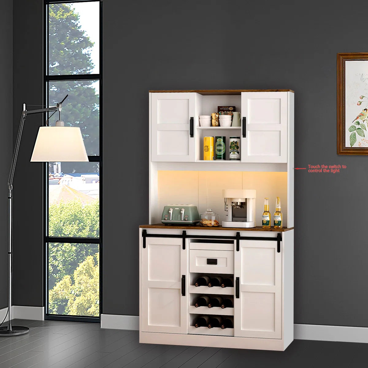Microwave Stands: 72" Kitchen Sideboard with Hutch, Barn Door, Charging Station & LED Light Strip