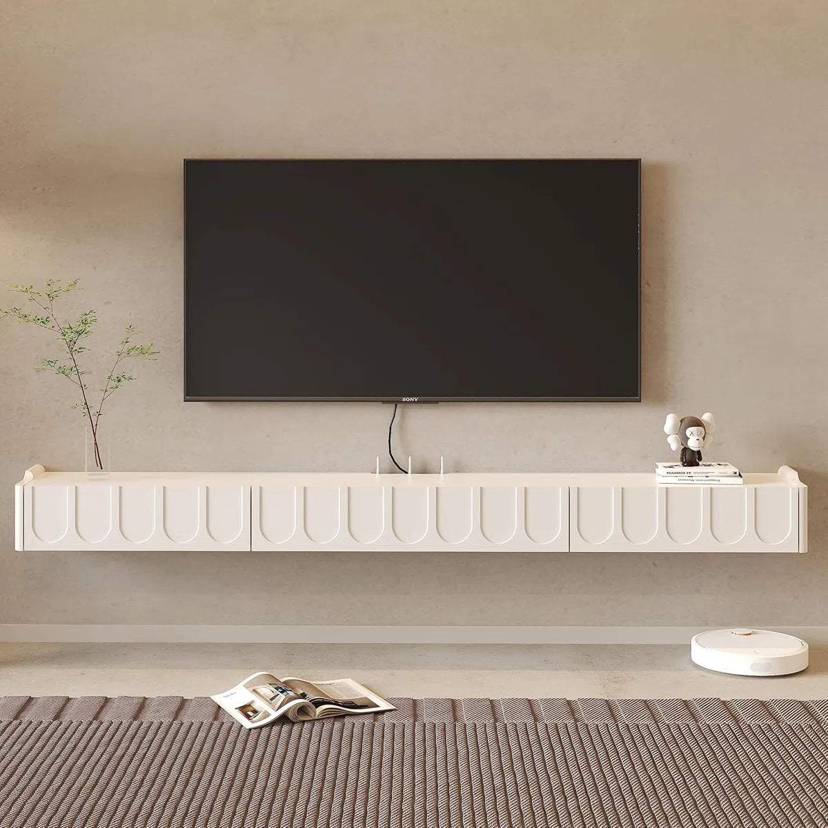 tv panel: 73'' Wall Mounted TV Cabinet with Doors, Drawers, and Floating Storage Shelves