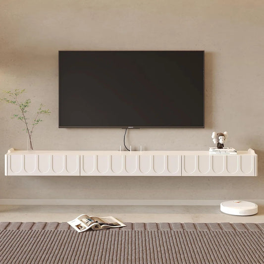 tv panel: 73'' Wall Mounted TV Cabinet with Doors, Drawers, and Floating Storage Shelves