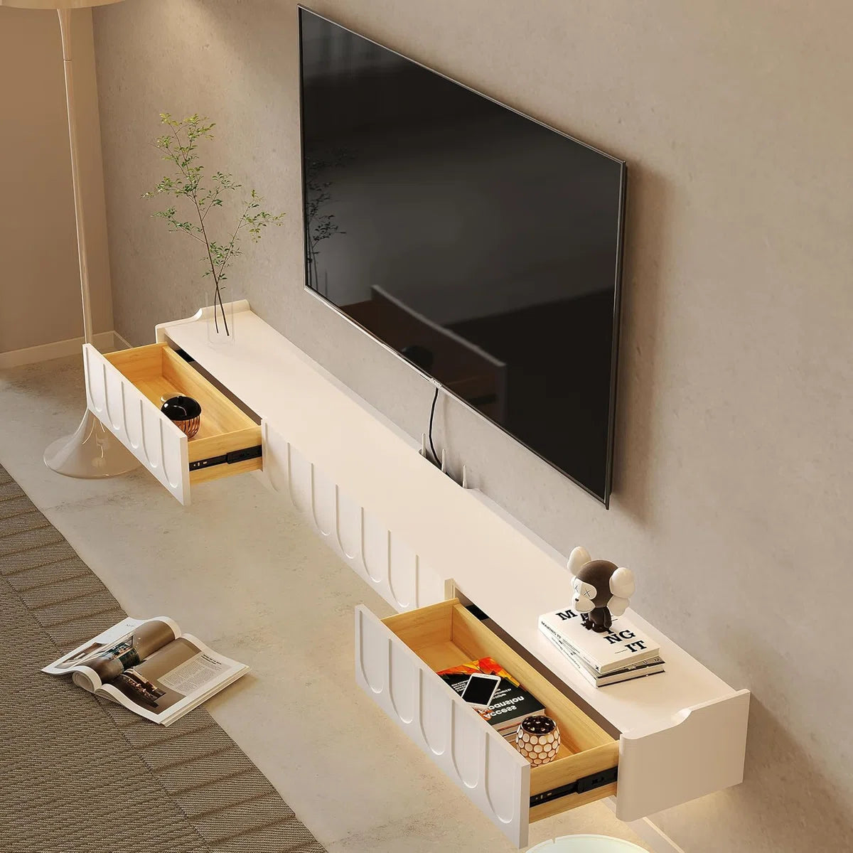 tv panel: 73'' Wall Mounted TV Cabinet with Doors, Drawers, and Floating Storage Shelves