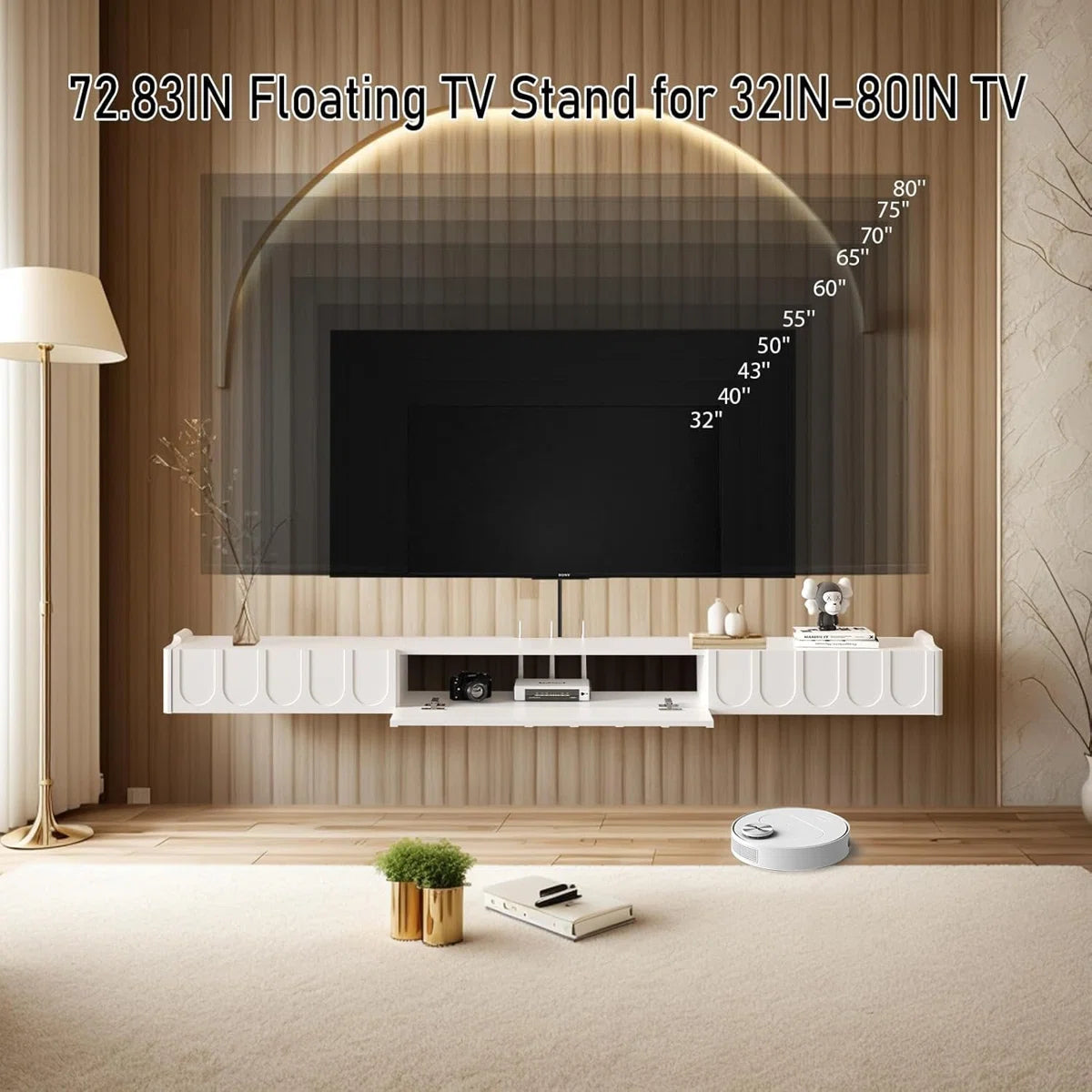 tv panel: 73'' Wall Mounted TV Cabinet with Doors, Drawers, and Floating Storage Shelves