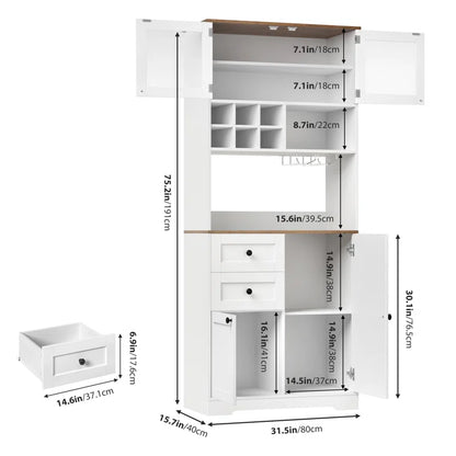 Microwave Stands: 75.2" Kitchen Pantry Organizer Cabinet with Hutch