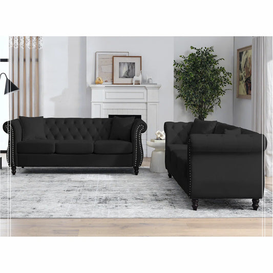 7 Seater Sofa Set: 80" Chesterfield Velvet 3-Seater Sofa for Elegant Living Rooms