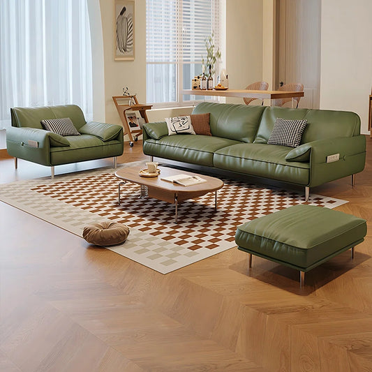 7 Seater Sofa Set: 85.83" Genuine Green Leather 3-Piece Living Room Set