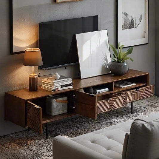 tv panel: 86.61" Retro Brown Solid Wood TV Cabinet with Storage and Drawers