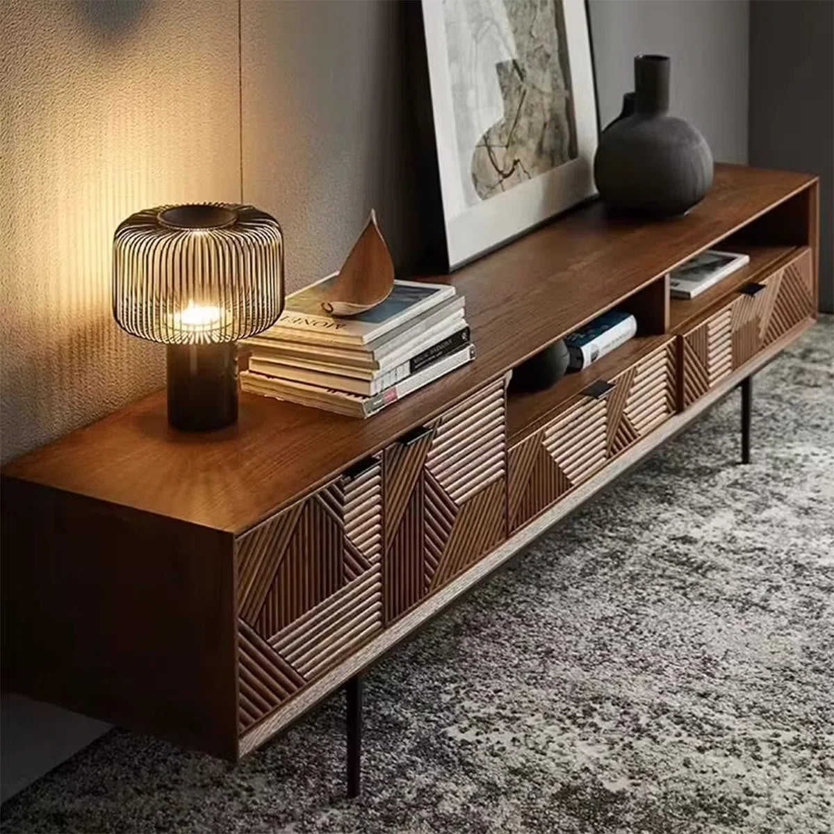 tv panel: 86.61" Retro Brown Solid Wood TV Cabinet with Storage and Drawers